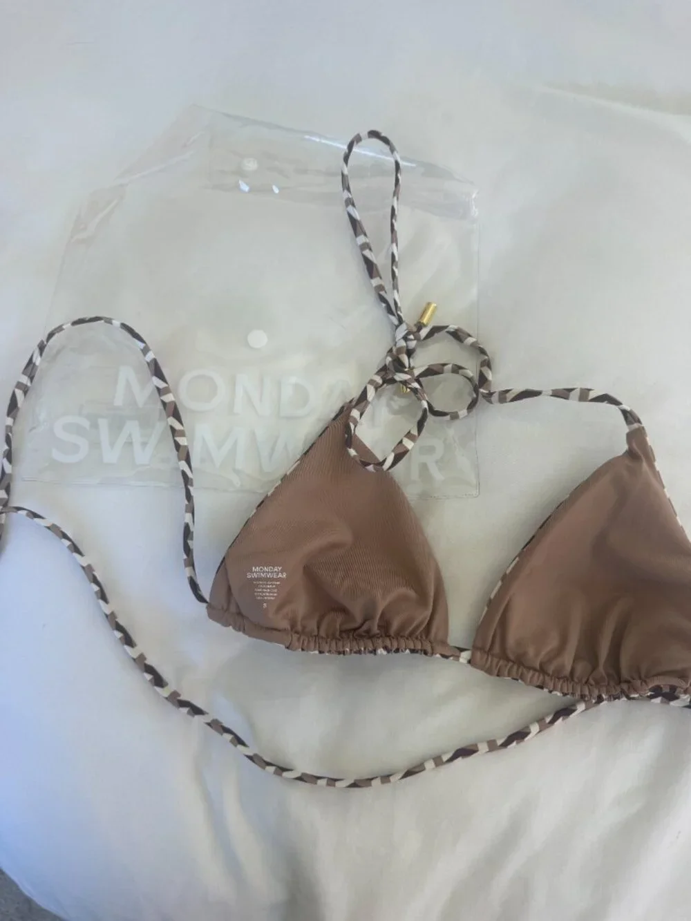 Monday Swimwear Palma Bikini top in Husk Geo print, Size Small